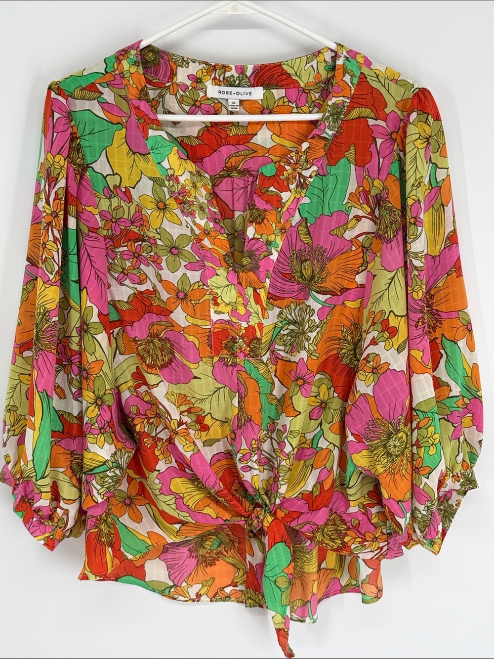 Rose & Olive Floral Tie-Front Blouse Size XL Boho Festival
